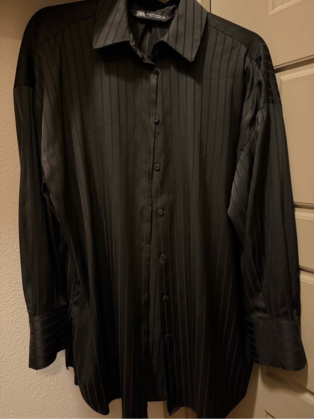 Zara Women’s Oversized Silky Black Stripe Button-Down Shirt
